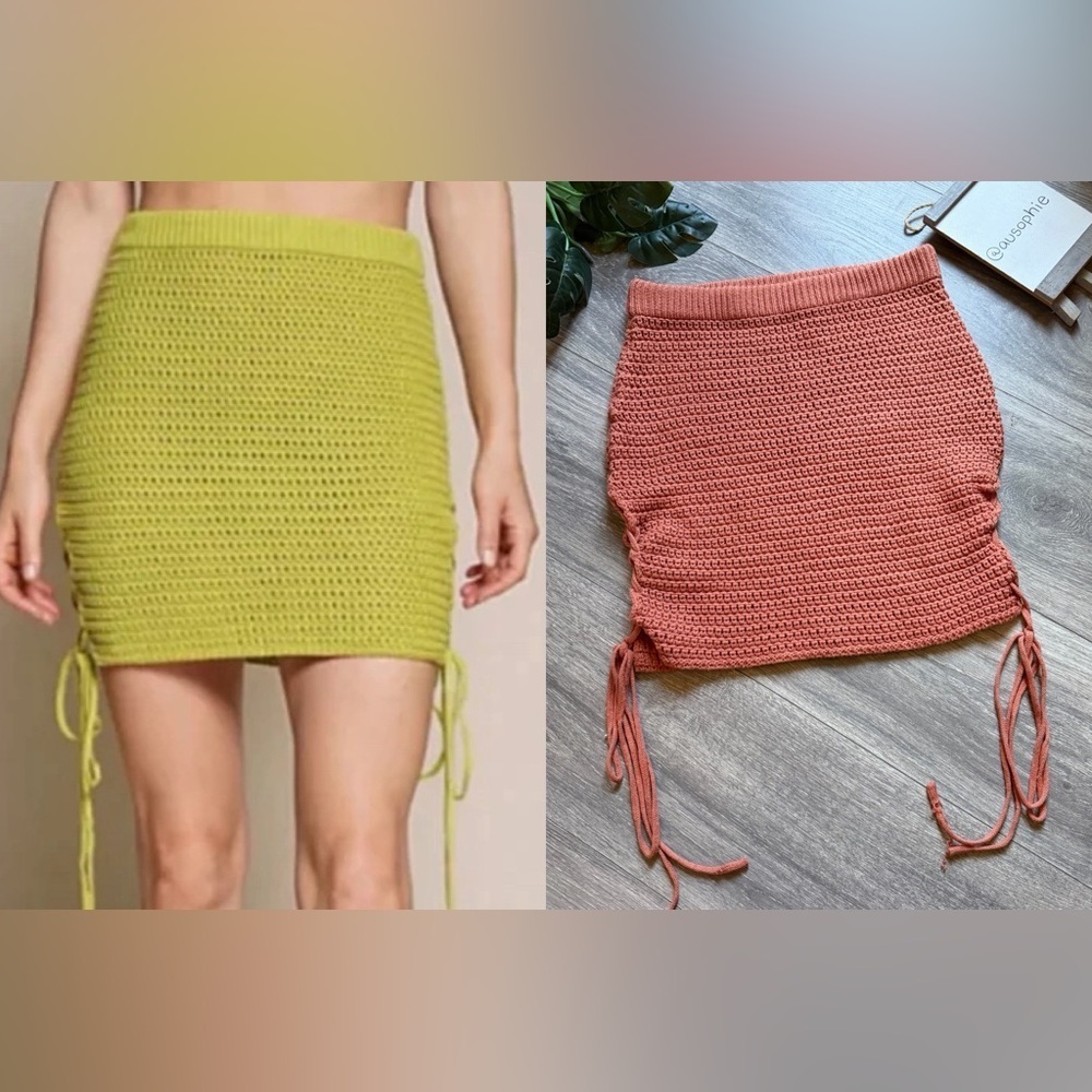 Beige Botany Crochet Mini Skirt w Adjustable Side Ties in Terracotta. Size S